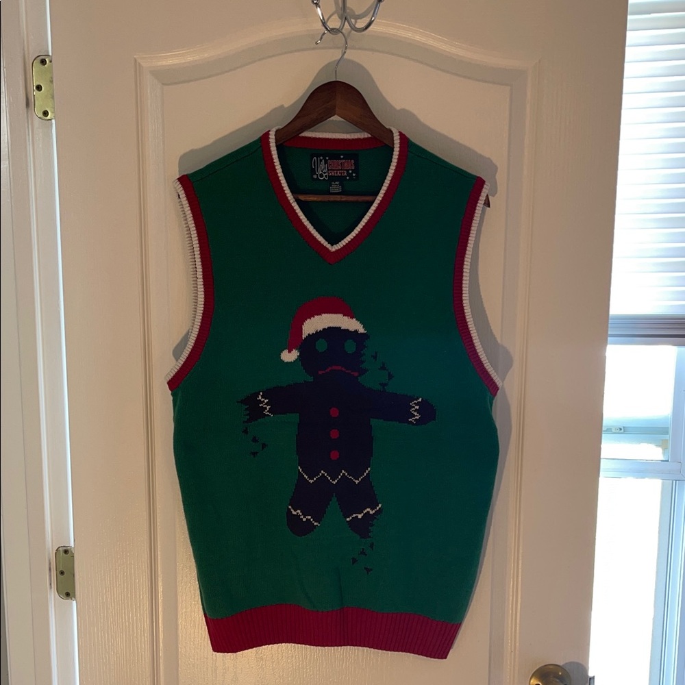 Ugly Christmas Sweater Green V-Neck with Santa Gingerbread